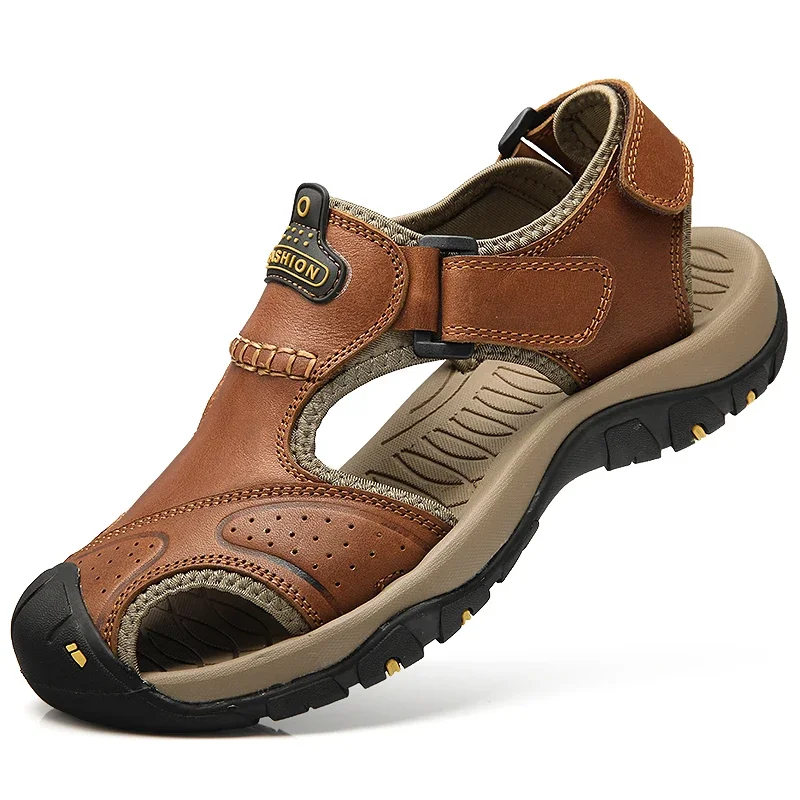 Summer Sandals Leather Outdoor Men's Beach Shoes Luxury Breathable Casual Sandal Man Wading Shoes Non-slip Wide lining Slippers