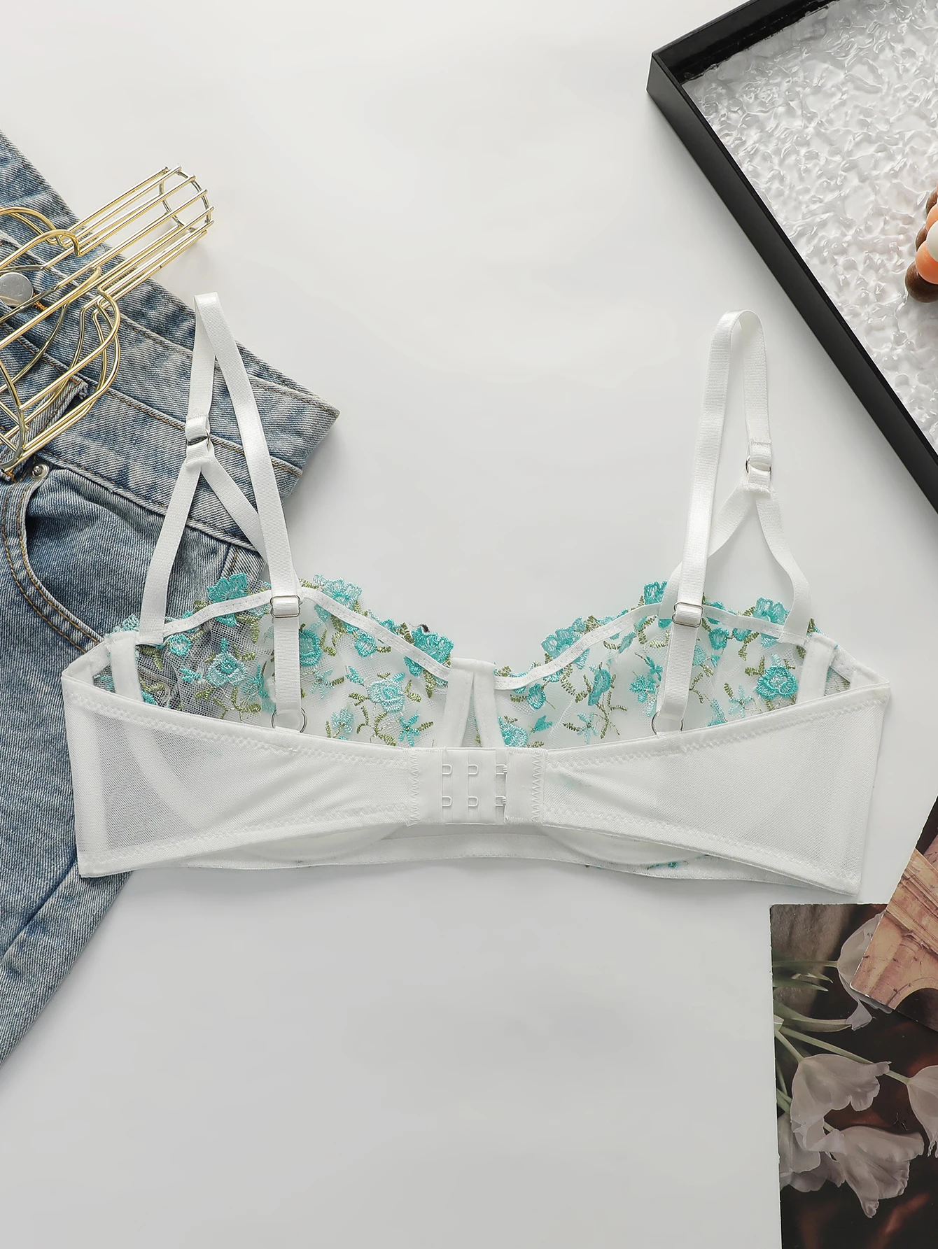French Floral Embroidery Mesh Balconette Bra Women Underwire Thin Adjustable Straps See Through Breathable Summer Sexy Lingerie - Image 2