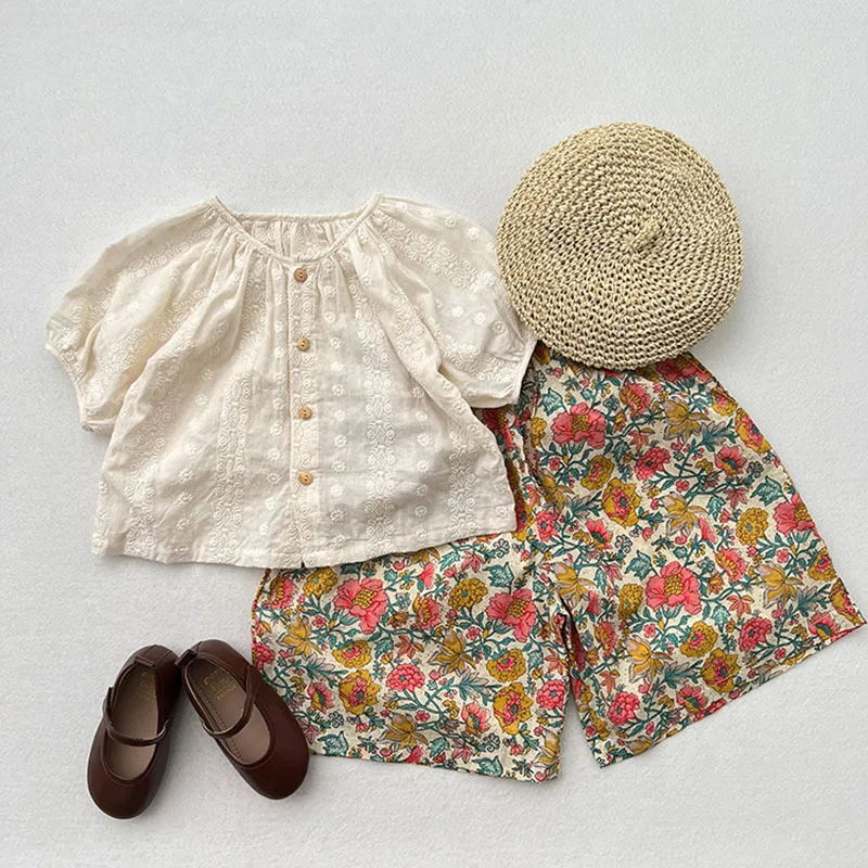 2024 New Kid's Baby Summer Blouse Sweet Embroidery Floral Girls Short Sleeve Shirt Base Tops Children's Outdoor Clothes 1-6T - Image 3