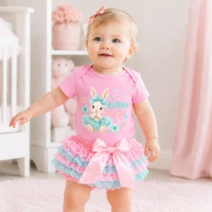Cute Bunny Babe Print Baby Girl Romper Lace Tutu Skirt 2 Piece Set Infant Pink Princess Outfit Easter Birthday Party Costume