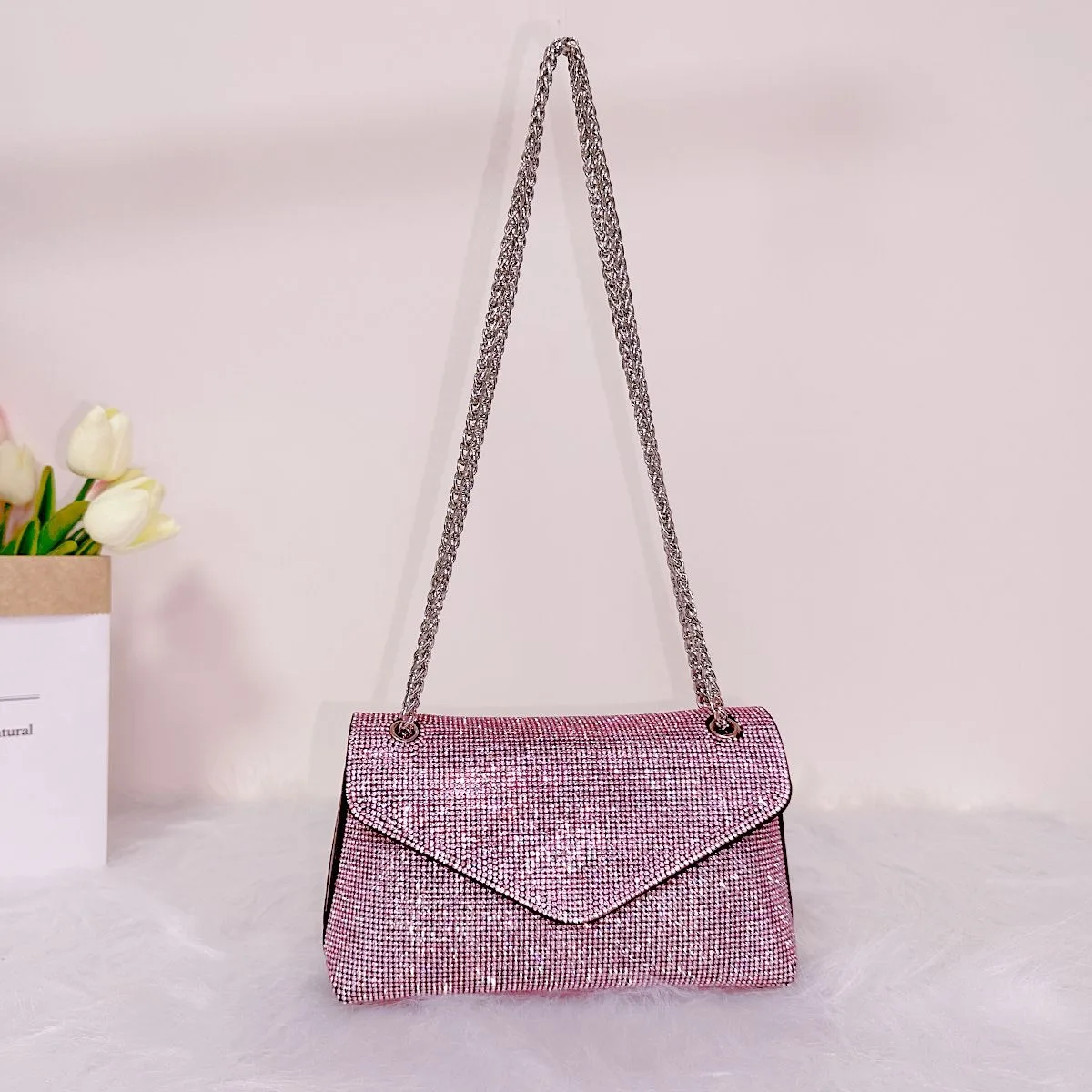 Women's Clutch Bag with Rhinestones Silver Purse on Chain PU Leather Evening Bag Ladies Fashion Party Evening Shoulder Bag - Image 9