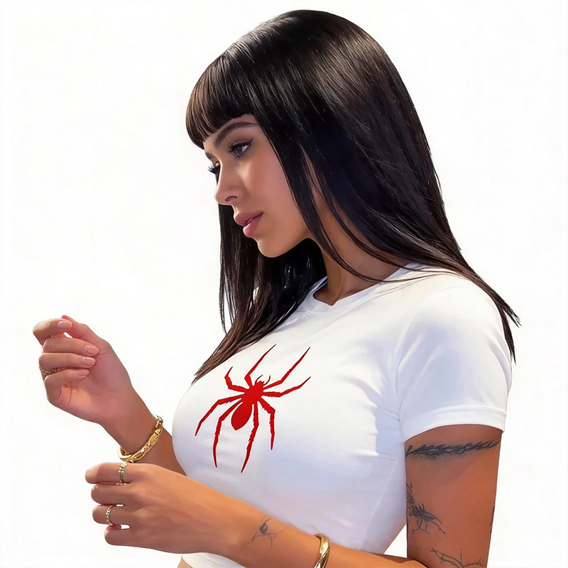 Vintage Y2k Tshirt for Woman Funny Spider Print Graphic Cropped T Shirt Women's Sexy Crew Neck Short Sleeve Crop Tops Clothes - Image 2