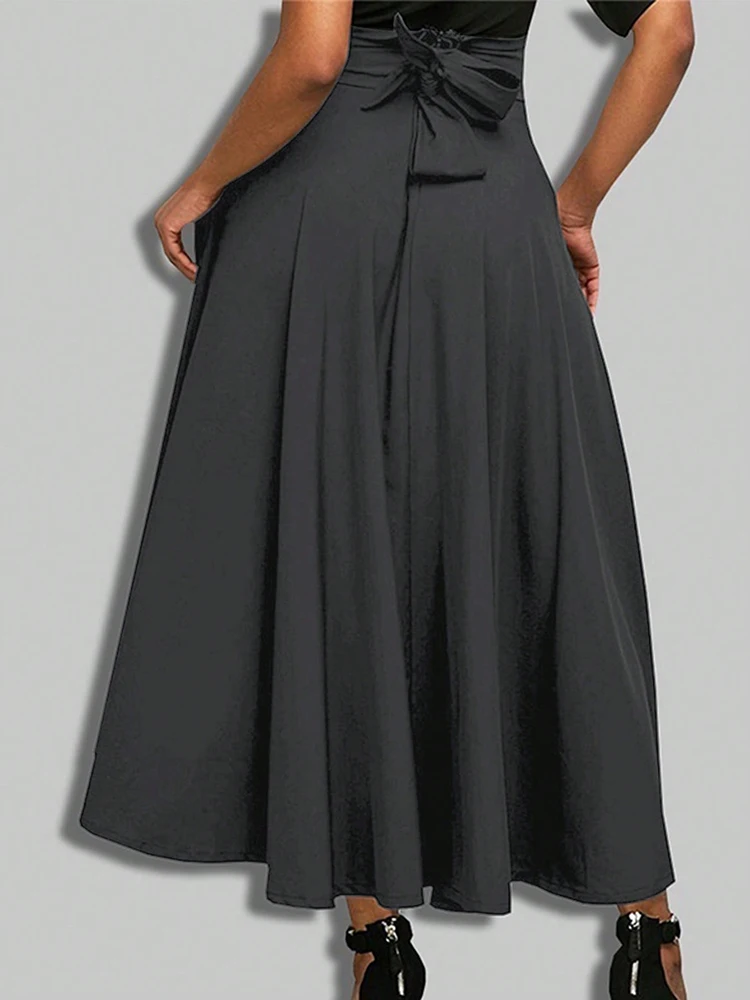 New In Dresses Solid Color A-line Skirts for Woman Clothing High Elastic Waist Long Skirt Women With Bow Elegant Women's Skirts - Image 6