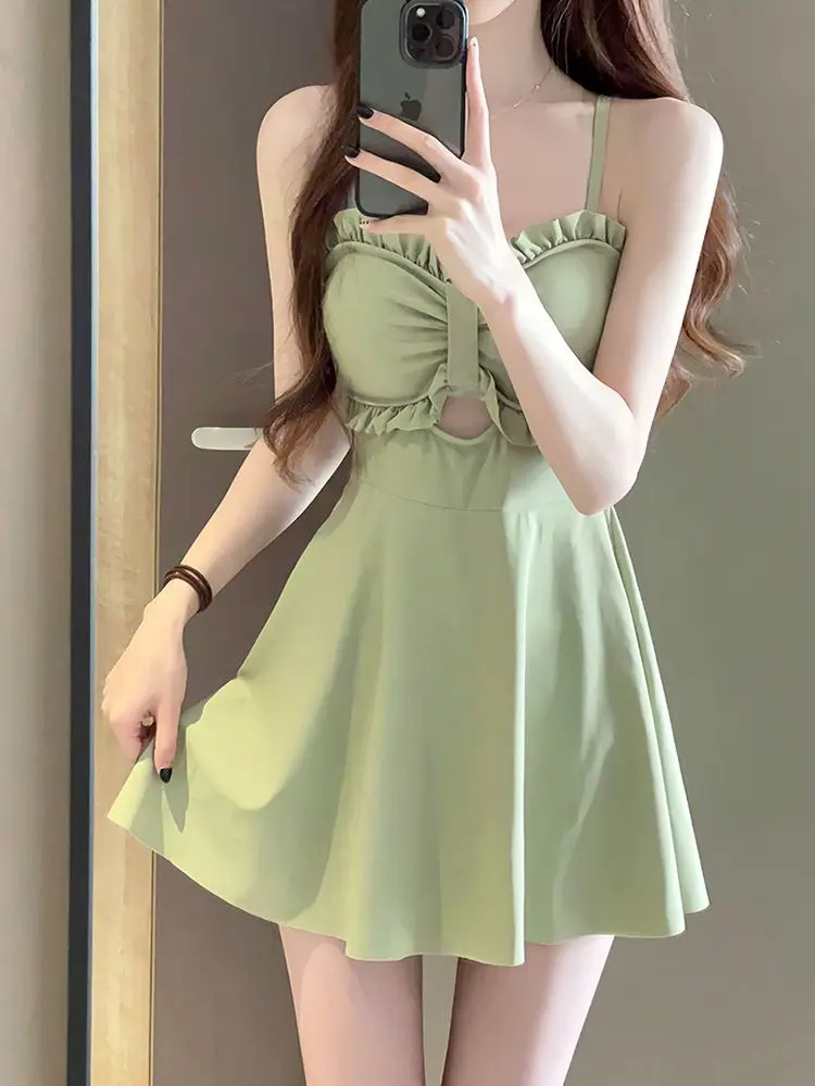 2025 New Conservative One-Piece Skirt Swimsuit – High-End Avocado Green Hot Spring Bathing Suit - Image 2