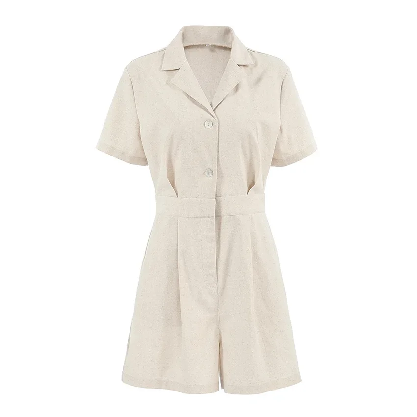 Khaki Linen Waist-cinching Wide-leg Jumpsuit for Women, Short-sleeved Commuting Jumpsuit, Autumn Women's Clothing - Image 6