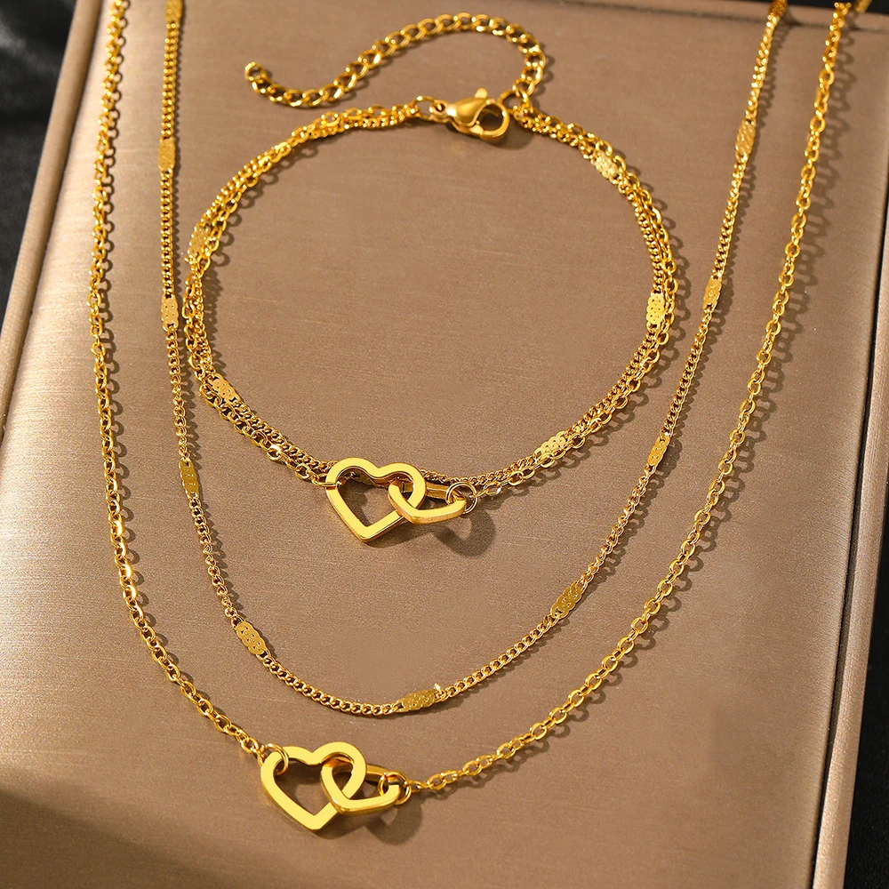 Stainless Steel Jewelry Sets High-end Atmosphere Love Bracelet Love Necklace Double Chain Design Jewelry Sets For Women Jewelry - Image 3