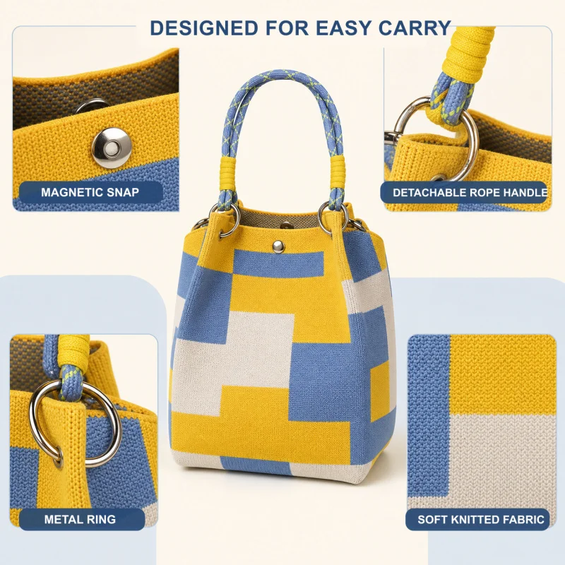 Mini Knitted Bucket Bag Women Small Handbag Geometric Colorblock Wristlet Purse With Detachable Handle - Image 4