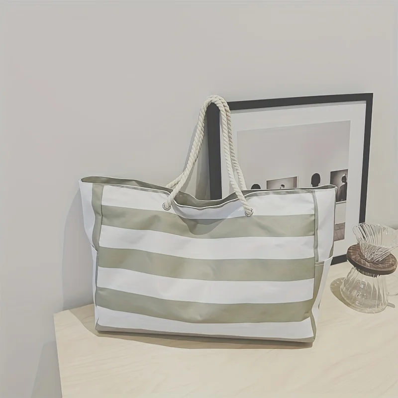 Fashion Striped Beach Tote Bag, Waterproof and Sand-Proof Foldable Beach Bag, Large-Capacity Portable Storage Bag, Shoulder Bag - Image 6