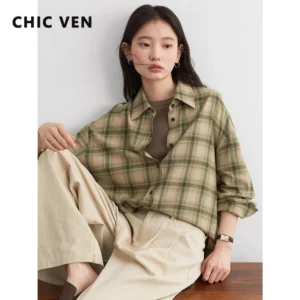 CHIC VEN Women Shirts Loose Casual New Sanding Plaid Shirt Long Sleeve Medium Long Length Blouses Female Tops Spring Autumn 2025
