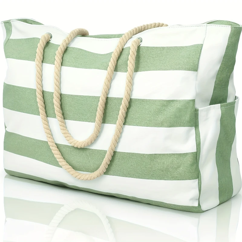 Fashion Striped Beach Tote Bag, Waterproof and Sand-Proof Foldable Beach Bag, Large-Capacity Portable Storage Bag, Shoulder Bag