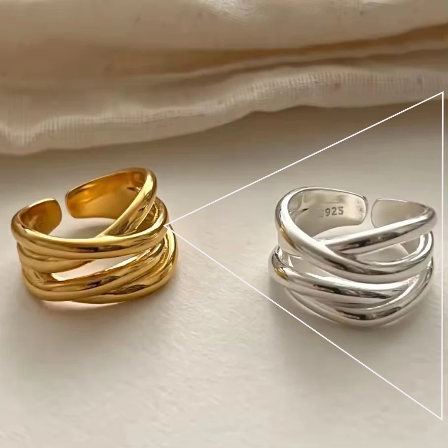 VENTFILLE 925 Sterling Silver Wave Ring – Adjustable Irregular Golden Stackable Band - Image 65