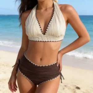 Sexy Ribbed High-Waist Bikini Set – Women's Halter V-Neck Swimwear with Lacework Detail
