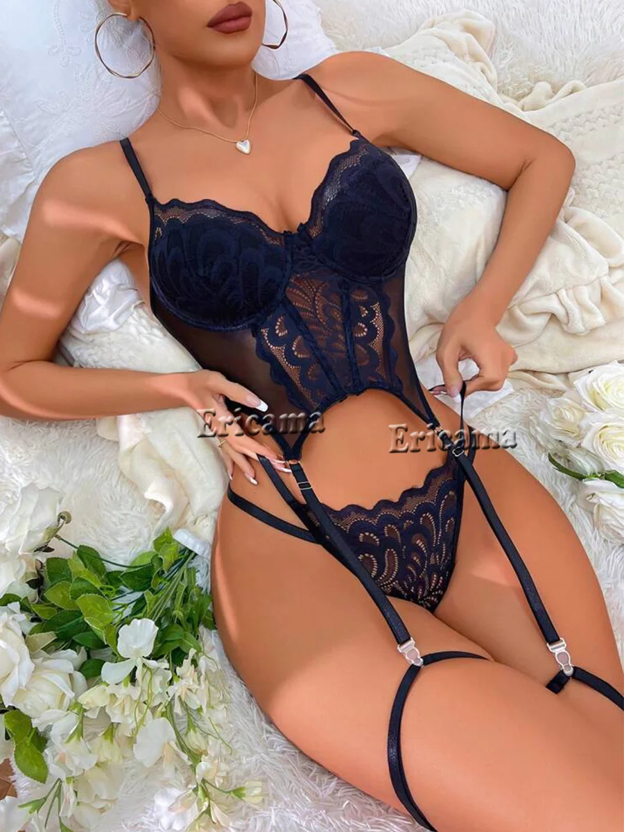 Floral Lace Garter Lingerie Set With Choker Women Intimates 2024 Underwire Bra And Thongs Ladies Underwear Set - Image 4