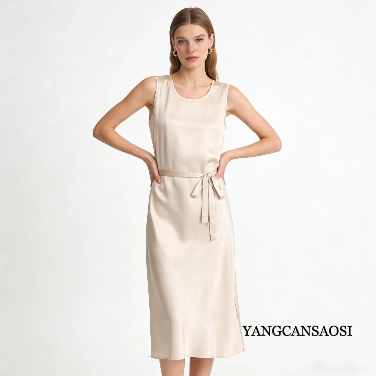 Women's Casual Clothing 93% Natural Mulberry Silk Elastic Satin Solid Color Round Neck Sleeveless Versatile Casual Loose Dress - Image 3