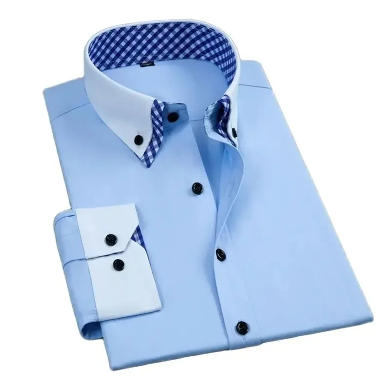 Men's Business Dress Shirt Long Sleeve Non Iron Fashion Double Layer Formal Regular Fit Office Camisa Social Solid Button Shirts - Image 2