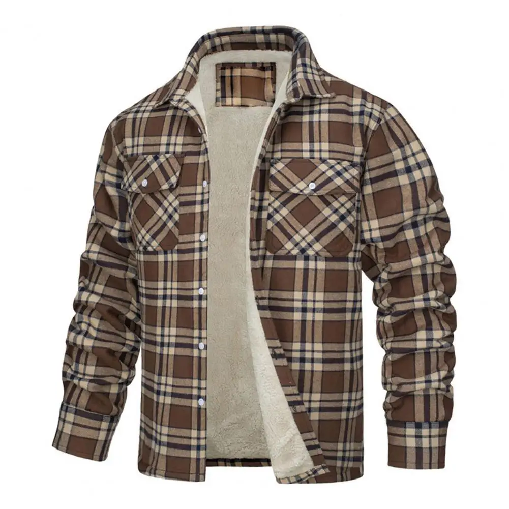 Men Fall Winter Jacket Plaid Print Lapel Soft Plush Long Sleeve Single-breasted Loose Thickened Casual Mid Length Men Coat - Image 5