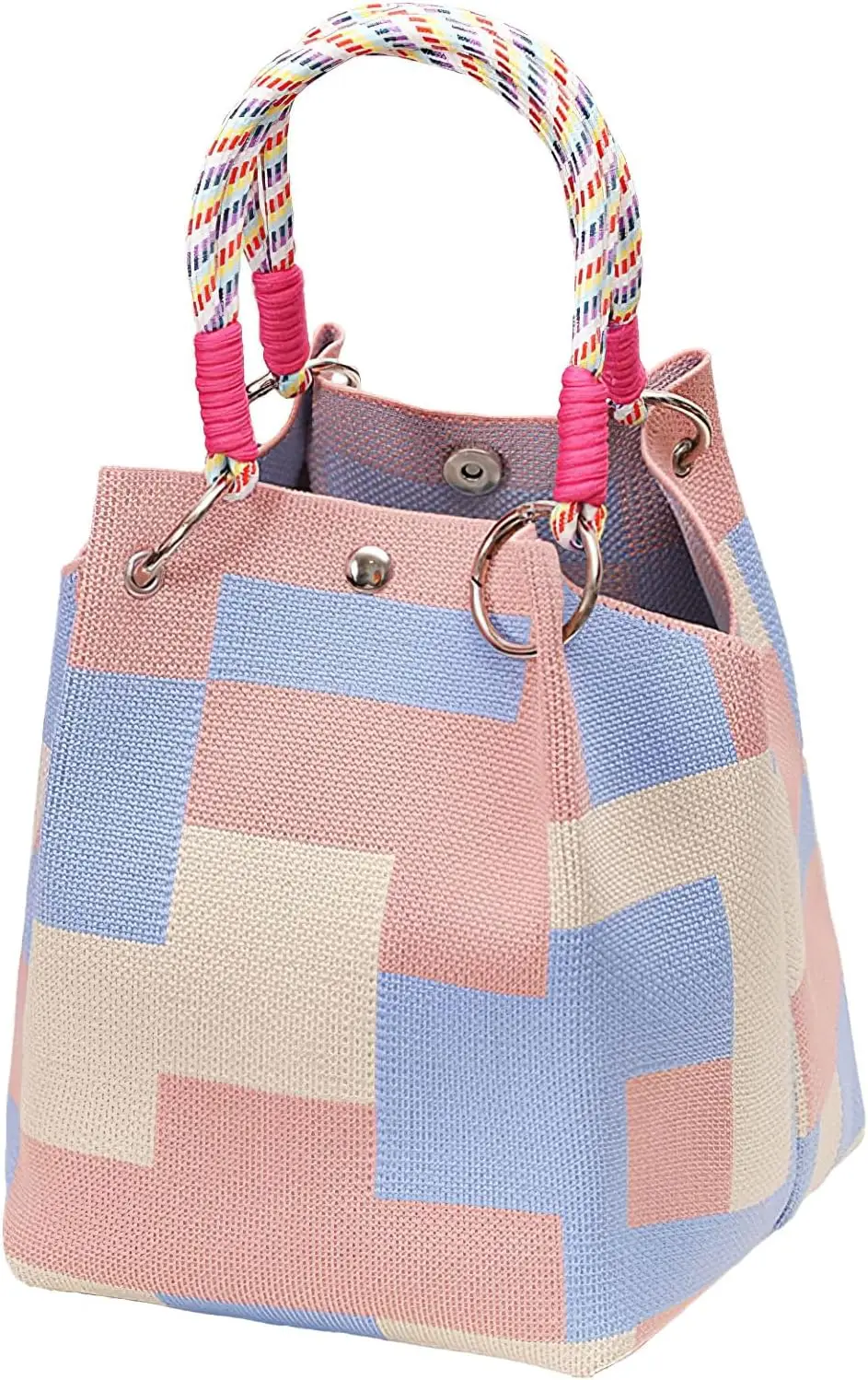 Mini Knitted Bucket Bag Women Small Handbag Geometric Colorblock Wristlet Purse With Detachable Handle - Image 13