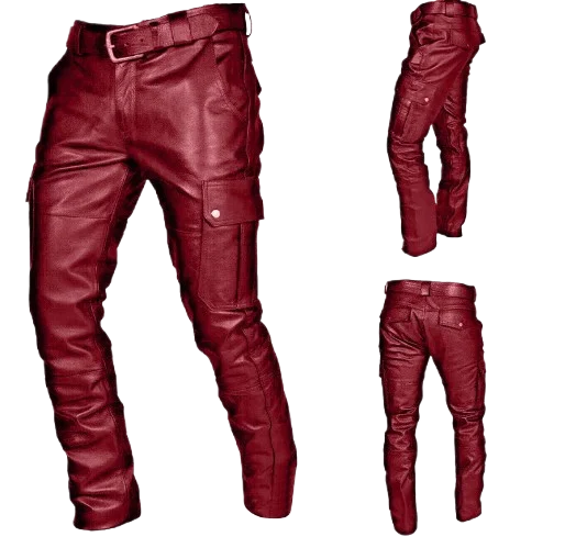 Men's PU Leather Pants with Belt Casual Punk Style Straight Leg Mid Waist Urban Fashion Trousers for Men Streetwear - Image 2