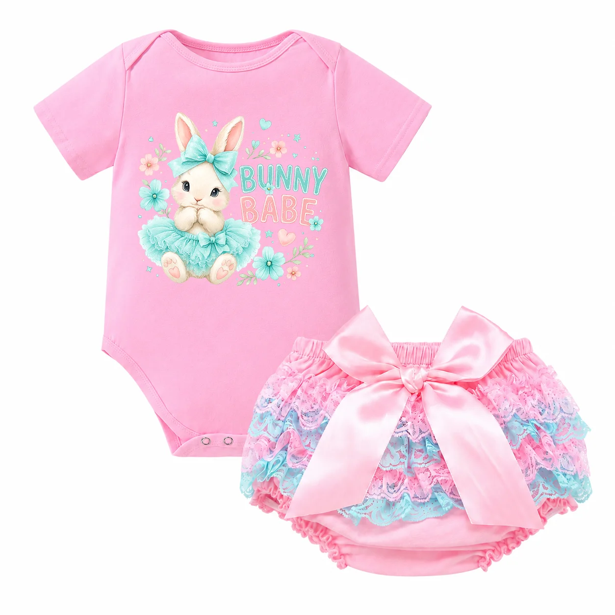 Cute Bunny Babe Print Baby Girl Romper Lace Tutu Skirt 2 Piece Set Infant Pink Princess Outfit Easter Birthday Party Costume - Image 2
