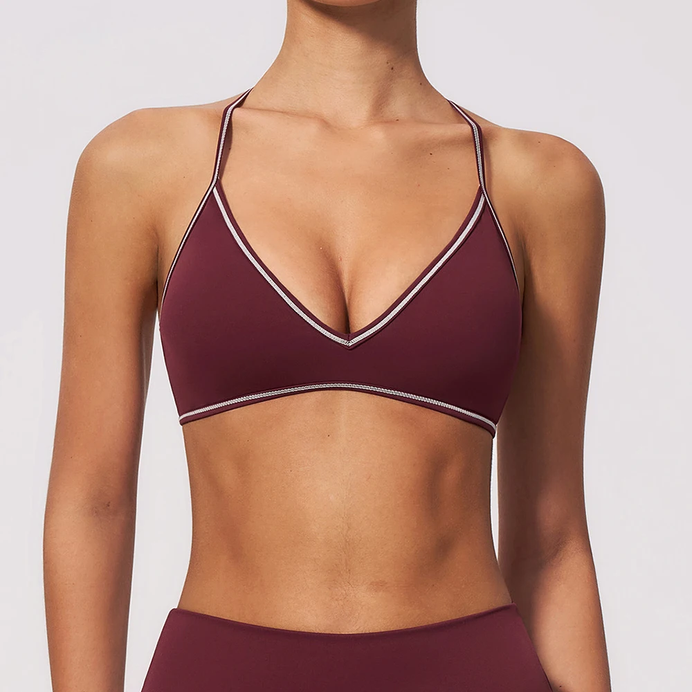 Women Deep V Neck Sports Bra with Contrast Piping Y Back Racerback Padded Gym Workout Yoga Bras Female Activewear Push Up Top