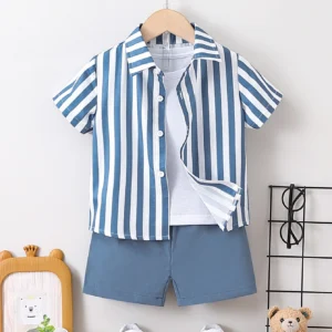 2pcs Summer Boys Blue & White Striped Shirt Set, Soft Style, Daily/Party Wear, Suitable for 1‑4Y, Breathable Fabric