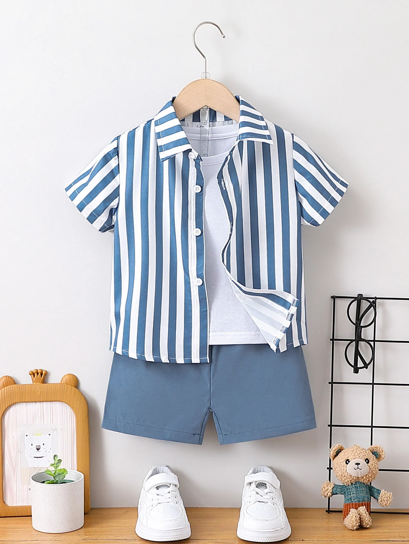 2pcs Summer Boys Blue & White Striped Shirt Set, Soft Style, Daily/Party Wear, Suitable for 1‑4Y, Breathable Fabric