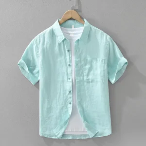 100% Linen Short Sleeve Shirt for Men Breathable Summer Casual Top Minimalist Loose Fit Button-Up Shirt Natural Wrinkle Texture