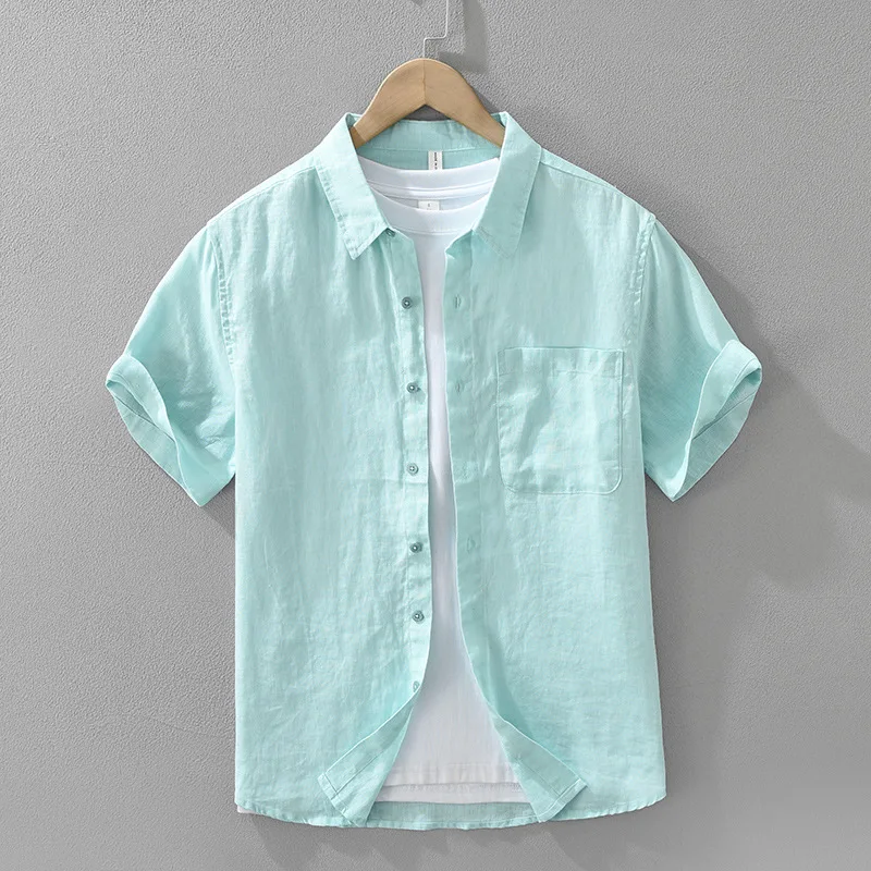 100% Linen Short Sleeve Shirt for Men Breathable Summer Casual Top Minimalist Loose Fit Button-Up Shirt Natural Wrinkle Texture