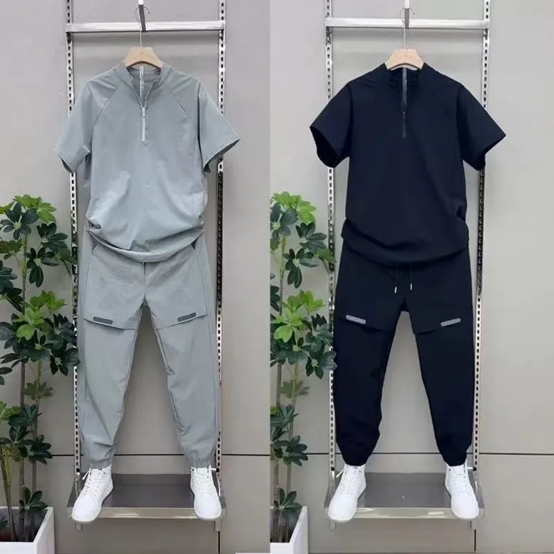 2025 Summer Breathable ice Silk Casual Sportswear Set, fashionable zipper quick-drying casual long pants and short-sleeved 2pcs