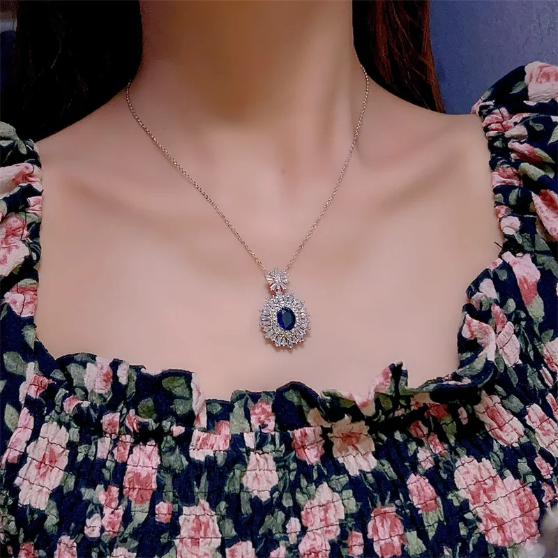 High-quality fashion Blue jewelry sets silver 925 full diamonds luxuriy elegant flower sapphire earrings for women necklace ring - Image 3