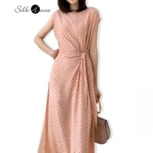 2026 Women's Casual Summer New 100% Natural Mulberry Silk Double Crepe Leather Pink One Collar Sleeveless Side Strap Split Dress