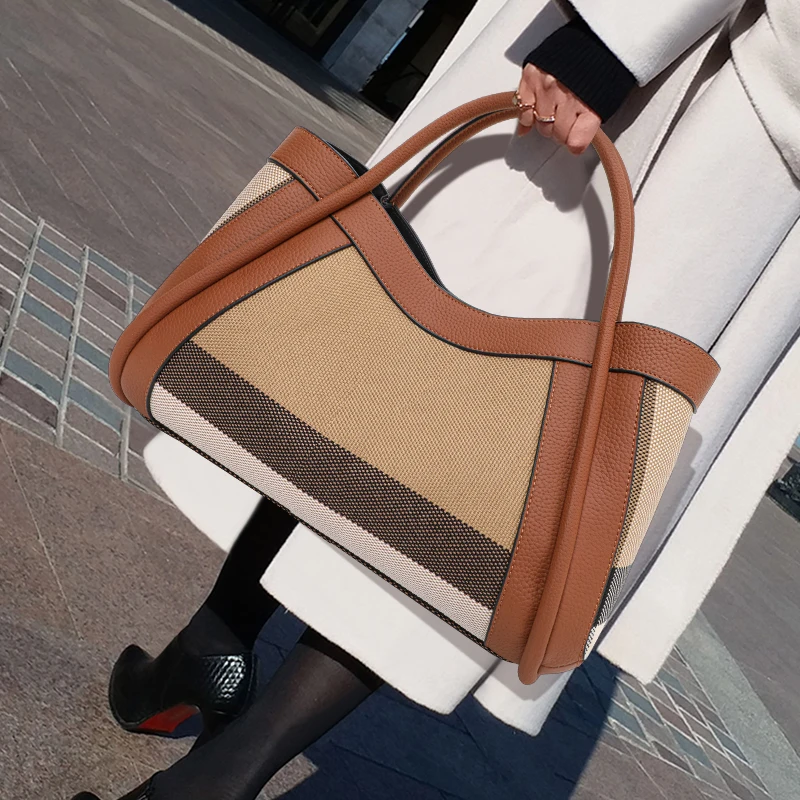 Aidrani New retro checkered women's handbag, large capacity luxury bag, canvas genuine leather bag