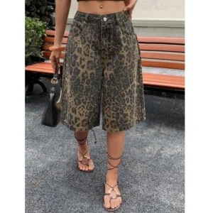 plus Size Unisex Leopard Print Casual Mid-Rise Jeans Fashionable Versatile Simple Match Water Washed Denim Trousers