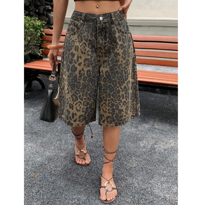 plus Size Unisex Leopard Print Casual Mid-Rise Jeans Fashionable Versatile Simple Match Water Washed Denim Trousers