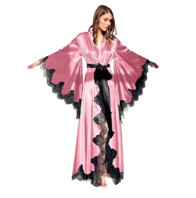 Women Robes Sleepwear Kimono Pajamas Pure Long Black Silk Satin Lace Trim Photography Dress Wedding Bride Gown Photo Shoot - Image 2