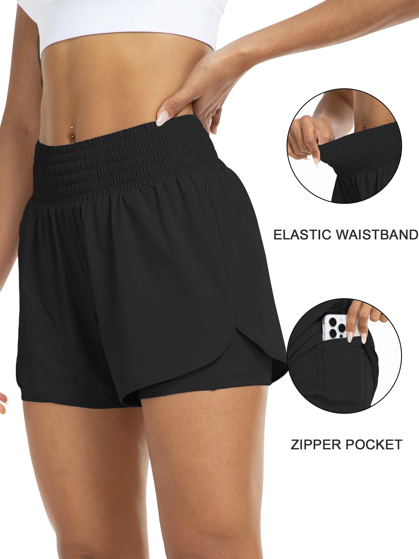 Women's high-waisted athletic shorts for running, yoga, layered design, anti-exposure, fitness, and workout with pockets - Image 5