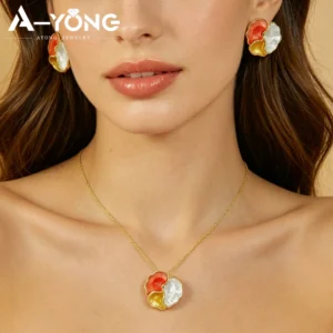 Elegant Enamel Jewelry Set 14k European Exqusite Geometric Chic Necklace Earrings Italian Women Event Party Statement Jewelrys