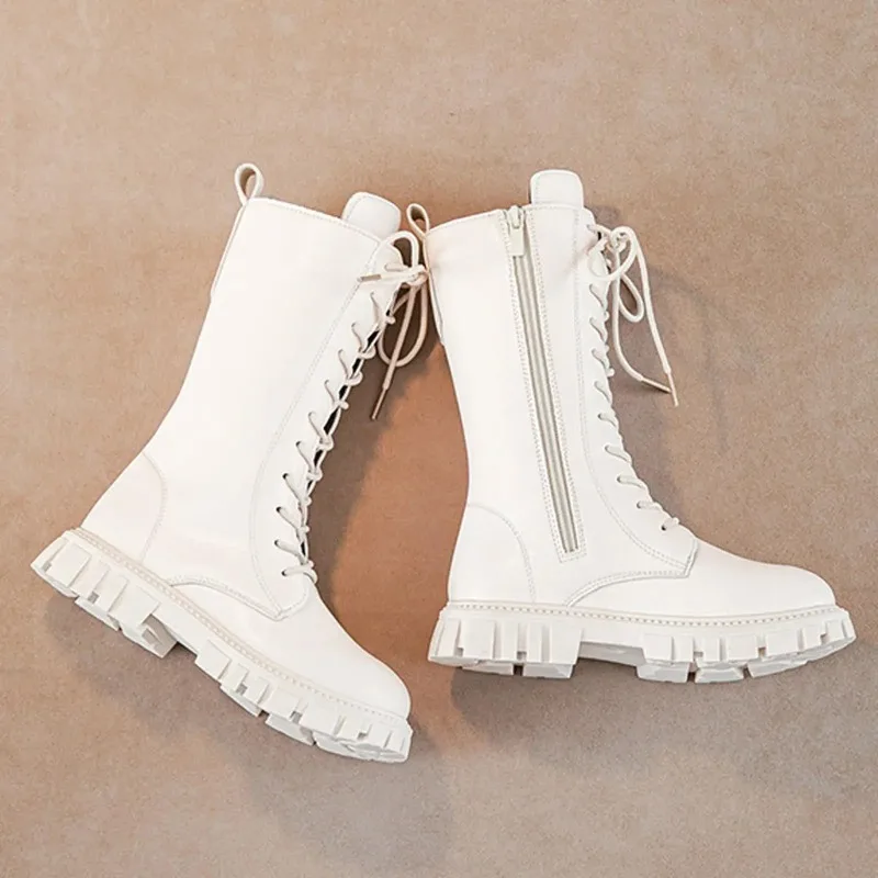 Girls White Lace-Up Boots Booties Side Zipper Soft Bottom Leather Dress/School Riding Boot Kids Autumn/Winter Fashion Mid Boots - Image 6