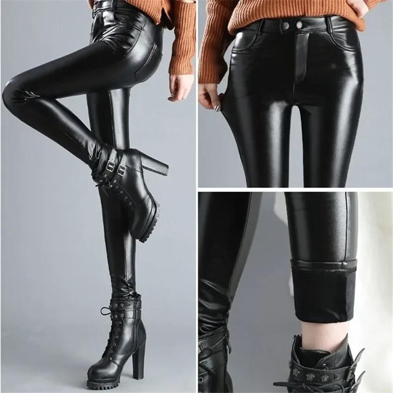 PU Leather Pants for Women Leggings Pencil Pants with Thermal Lining Female High-Waisted Stretchy Slim Fit Autumn Winter Black - Image 5