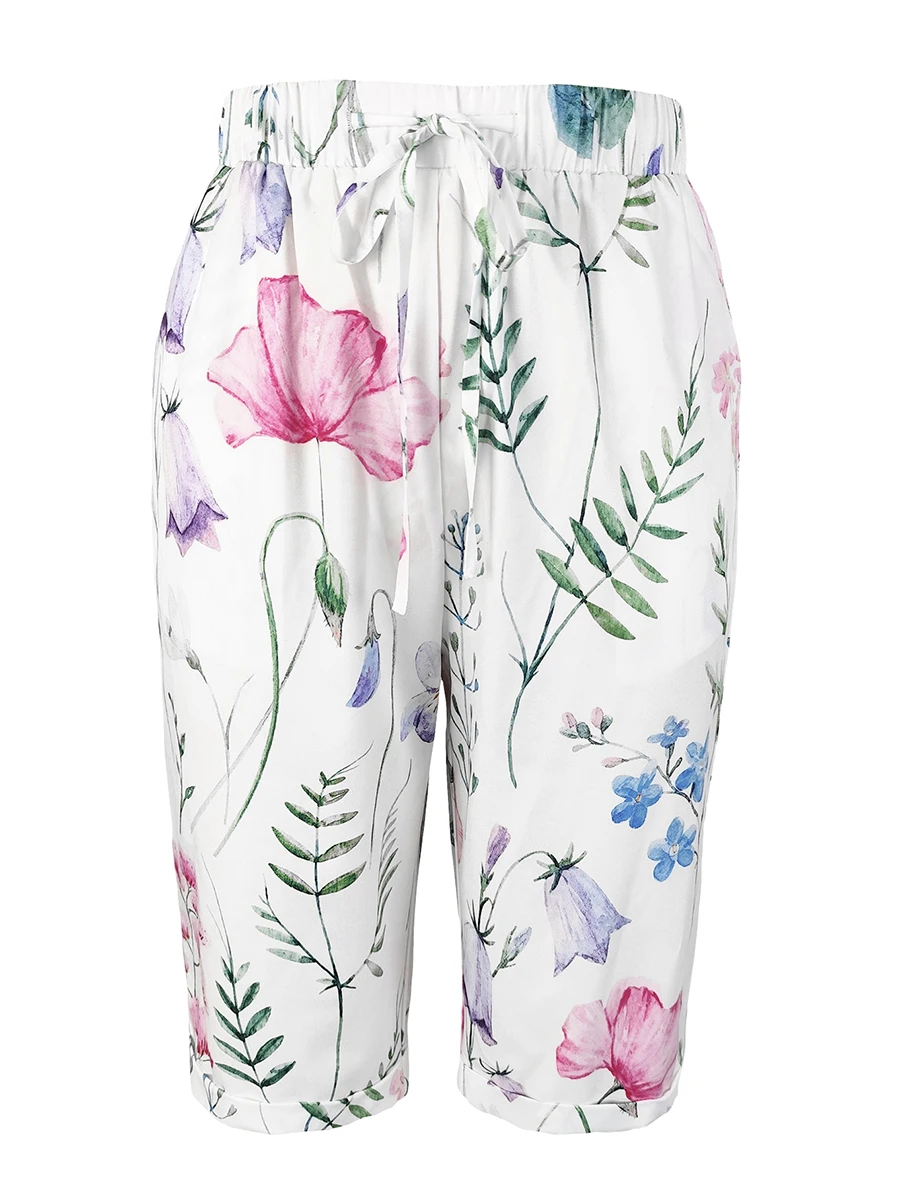Women Summer Floral Print Shorts Casual Loose Drawstring Elastic Waist Wide Leg Half Pants Capris - Image 3