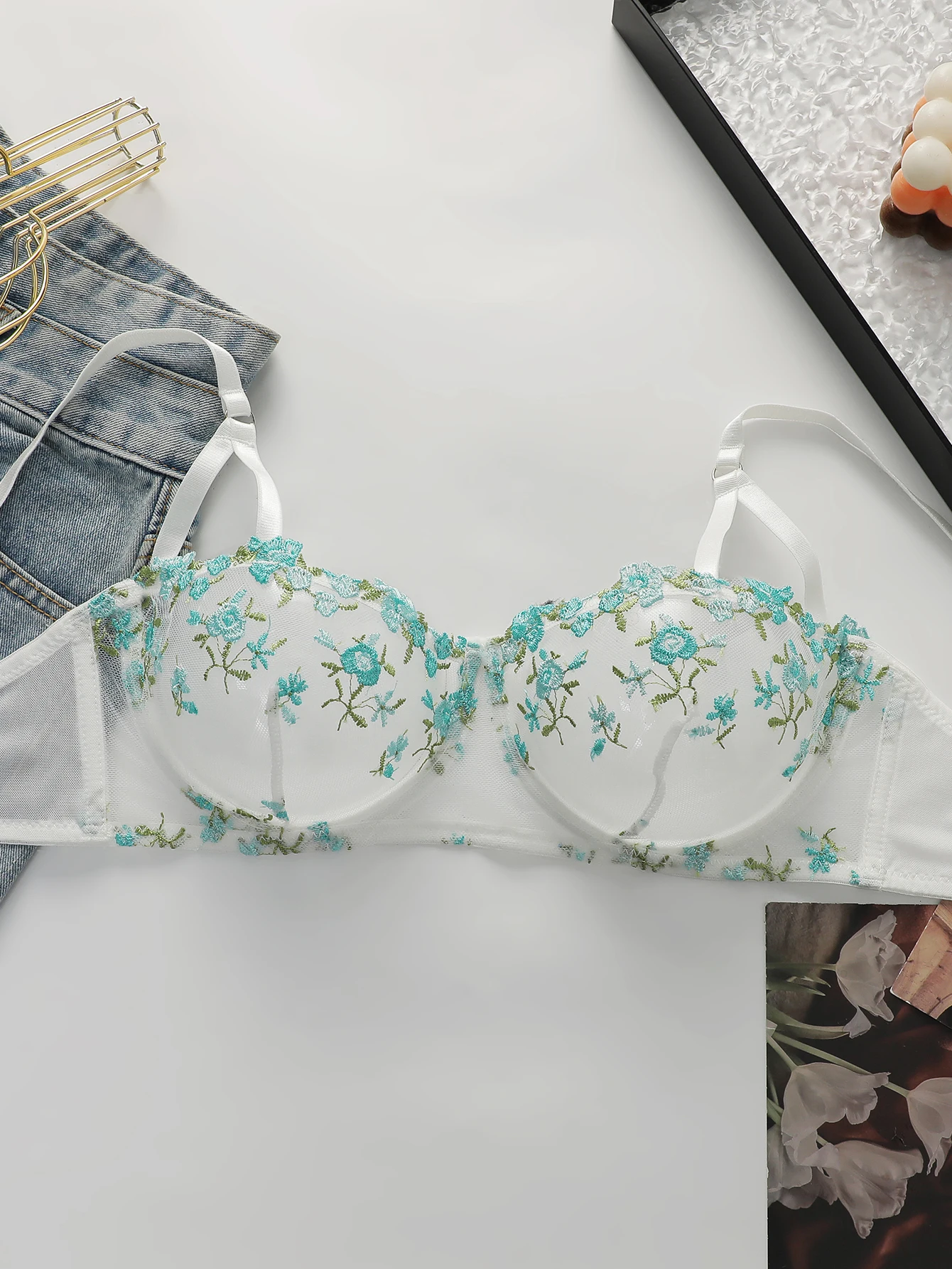 French Floral Embroidery Mesh Balconette Bra Women Underwire Thin Adjustable Straps See Through Breathable Summer Sexy Lingerie - Image 3