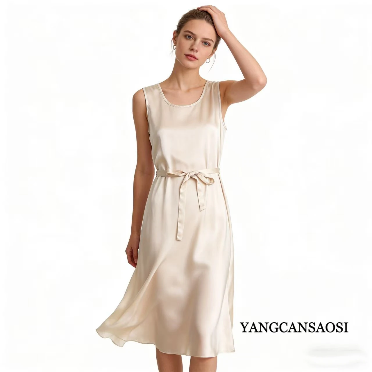 Women's Casual Clothing 93% Natural Mulberry Silk Elastic Satin Solid Color Round Neck Sleeveless Versatile Casual Loose Dress - Image 2