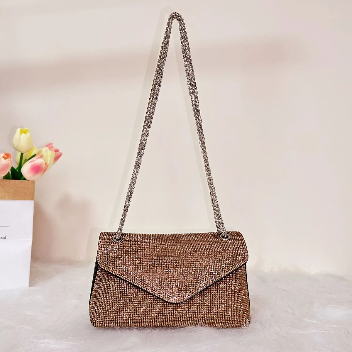 Women's Clutch Bag with Rhinestones Silver Purse on Chain PU Leather Evening Bag Ladies Fashion Party Evening Shoulder Bag - Image 8