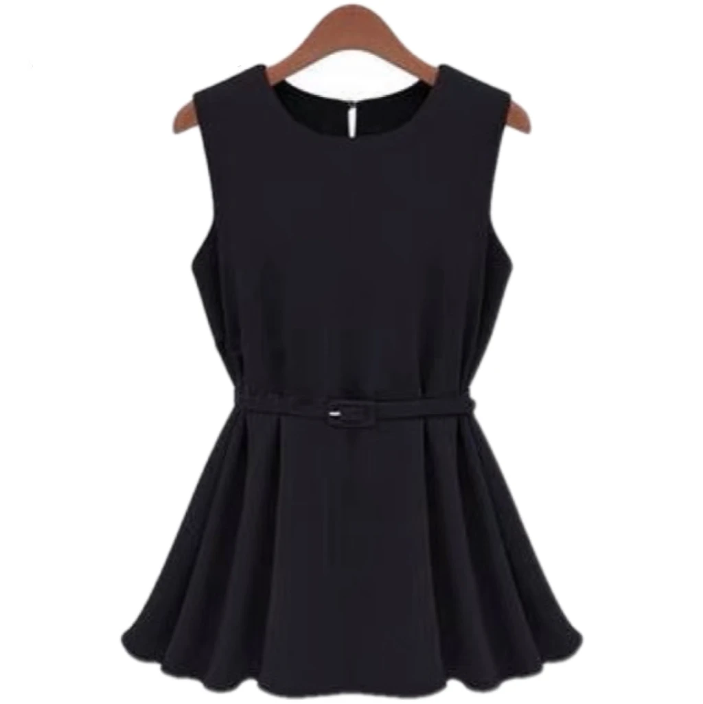 Singwing New Summer Women Slim Peplum Solid Color Round Neck Sleeveless Vest Daily Commuting Chiffon Shirt With Belt - Image 2