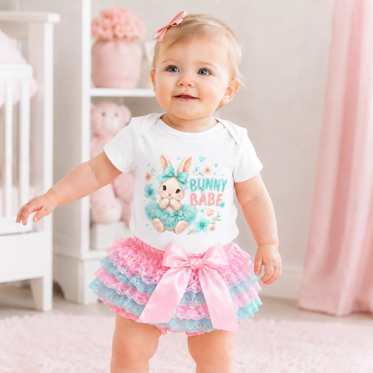 Cute Bunny Babe Print Baby Girl Romper Lace Tutu Skirt 2 Piece Set Infant Pink Princess Outfit Easter Birthday Party Costume - Image 7