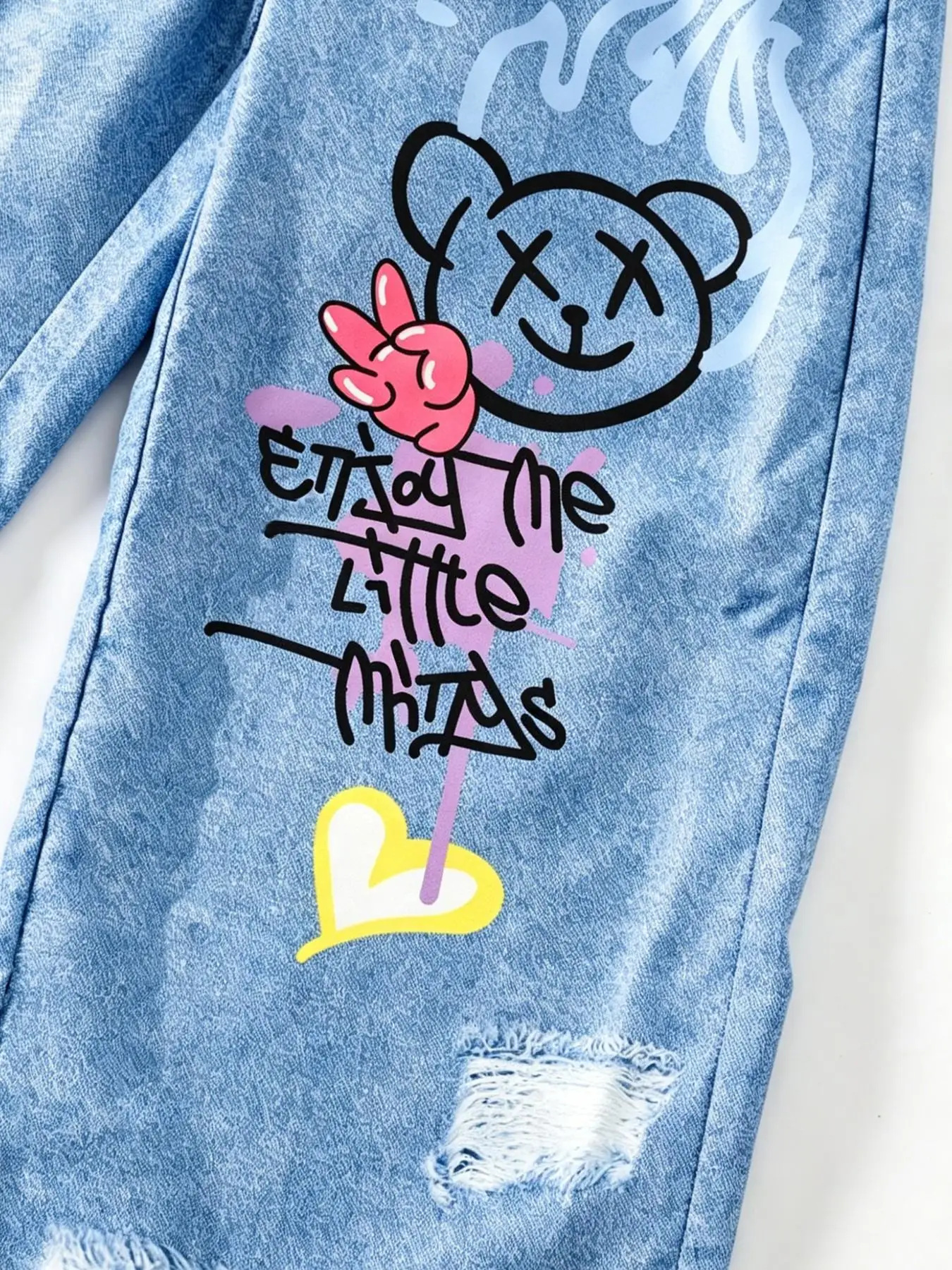 Girls' Summer Casual Pants Y2K Style Digital Print Faux Denim High-Waisted Wide-Leg Loose Graffiti Star Design Long Pants Suitable for Children over 3 Years Old, Versatile Clothing for Home and Outings - Image 6