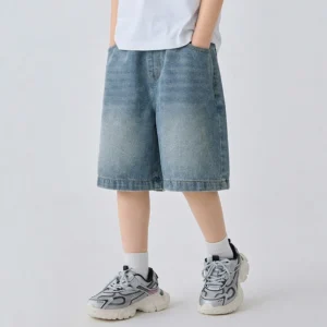 2026 Summer 4-10Y Korean Boys Pants Loose Solid Color Elastic Waist Kids Cowboy Shorts Thin Children Trousers Daily Outfits