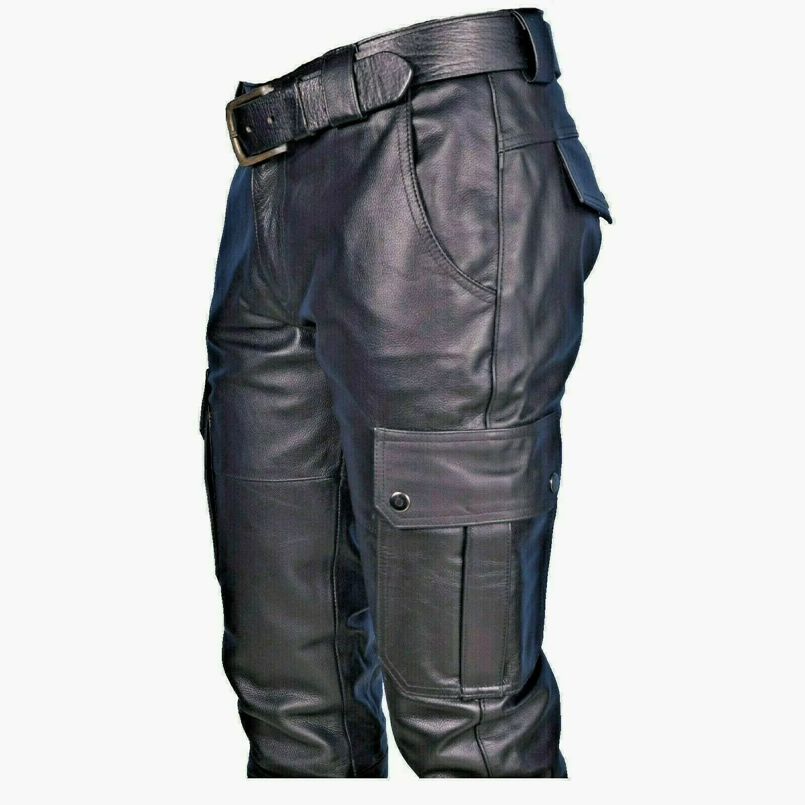 Men's PU Leather Pants with Belt Casual Punk Style Straight Leg Mid Waist Urban Fashion Trousers for Men Streetwear - Image 6