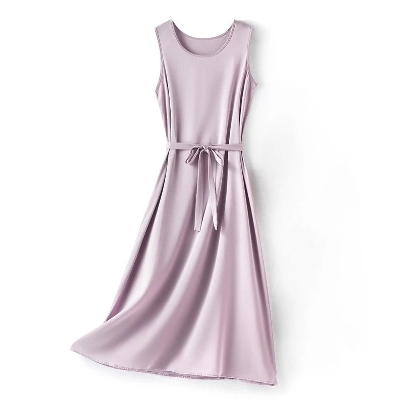 Women's Casual Clothing 93% Natural Mulberry Silk Elastic Satin Solid Color Round Neck Sleeveless Versatile Casual Loose Dress - Image 7