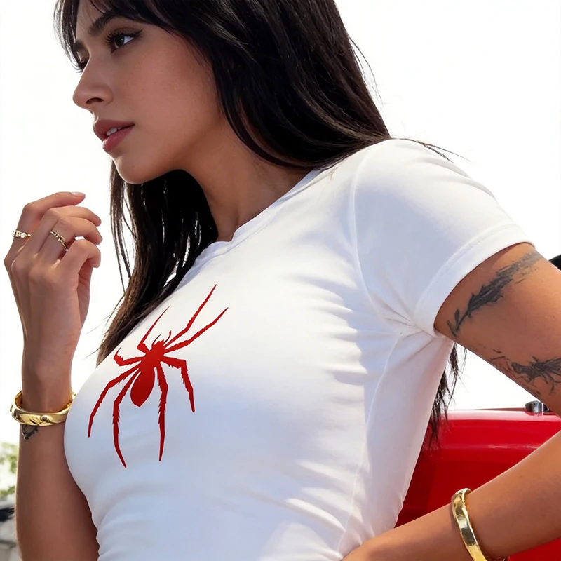 Vintage Y2k Tshirt for Woman Funny Spider Print Graphic Cropped T Shirt Women's Sexy Crew Neck Short Sleeve Crop Tops Clothes - Image 3
